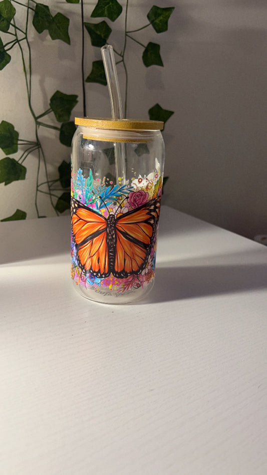 Colorful Butterfly 16oz Glass Cup